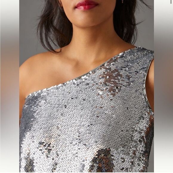 NEW Anthropologie Maeve Sequin One Shoulder Ruffle Midi Dress Silver - Picture 4 of 13
